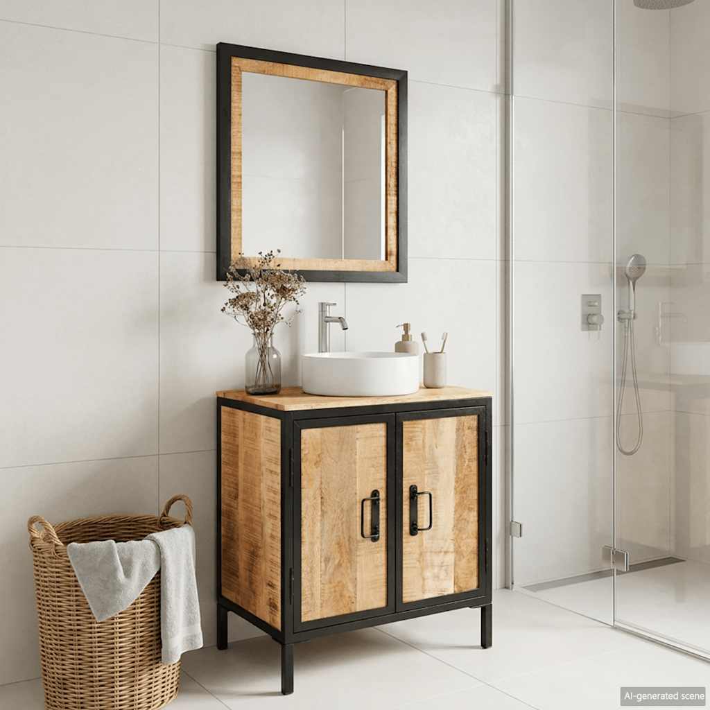 2-tlg. Badmöbel-Set Eisen und Massivholz Mango