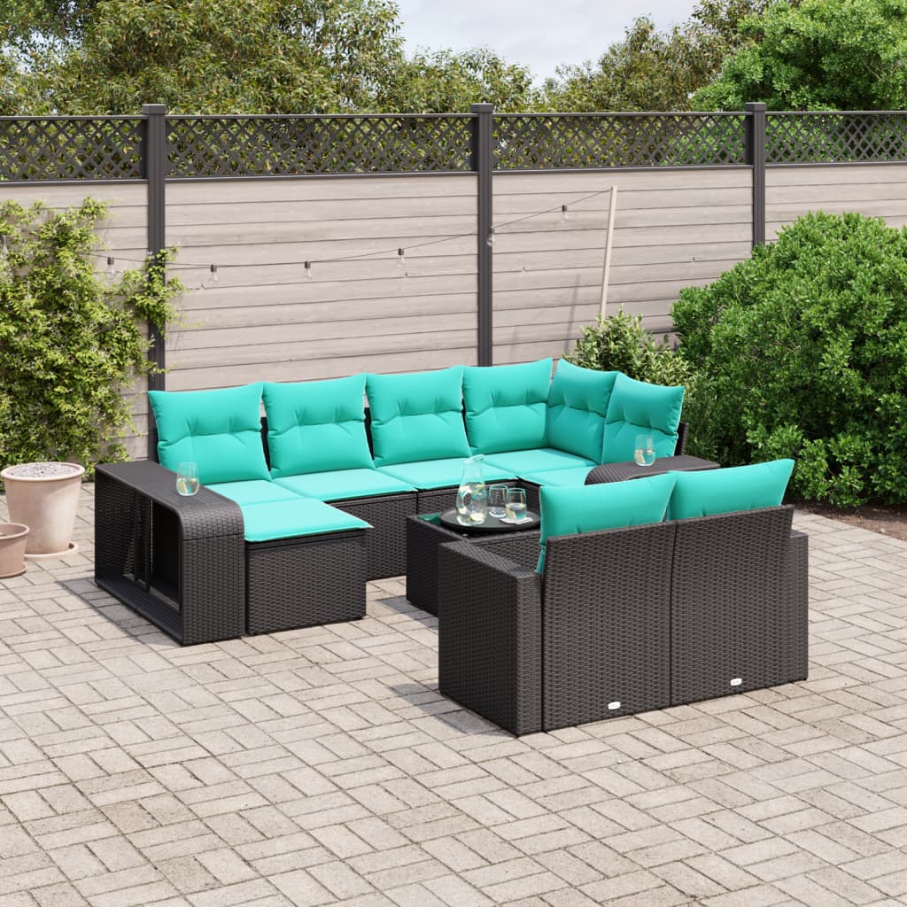 11-teiliges Gartensofa-Set mit Kissen, schwarzes Polyrattan