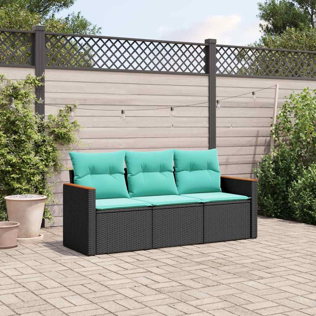3-teiliges Gartensofa-Set mit Kissen, schwarzes Polyrattan