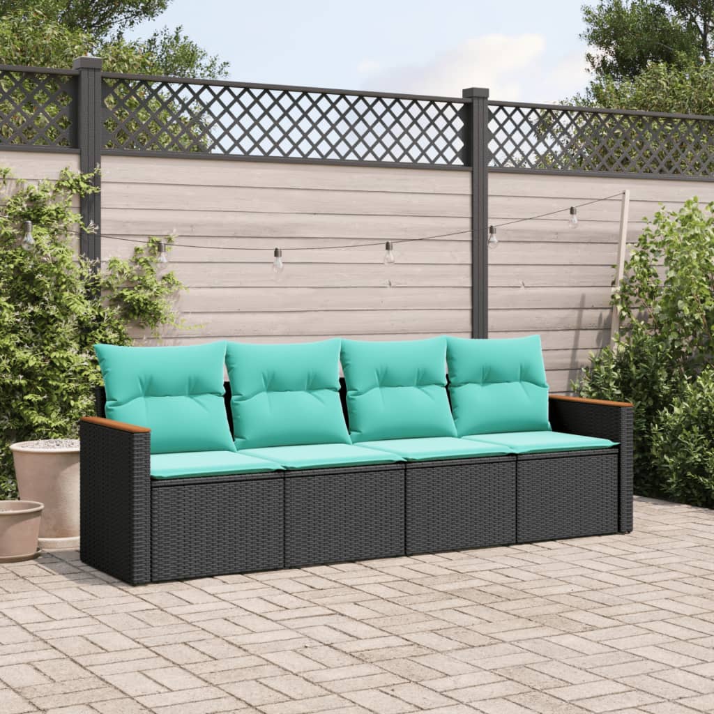 4-teiliges Gartensofa-Set mit Kissen, schwarzes Polyrattan