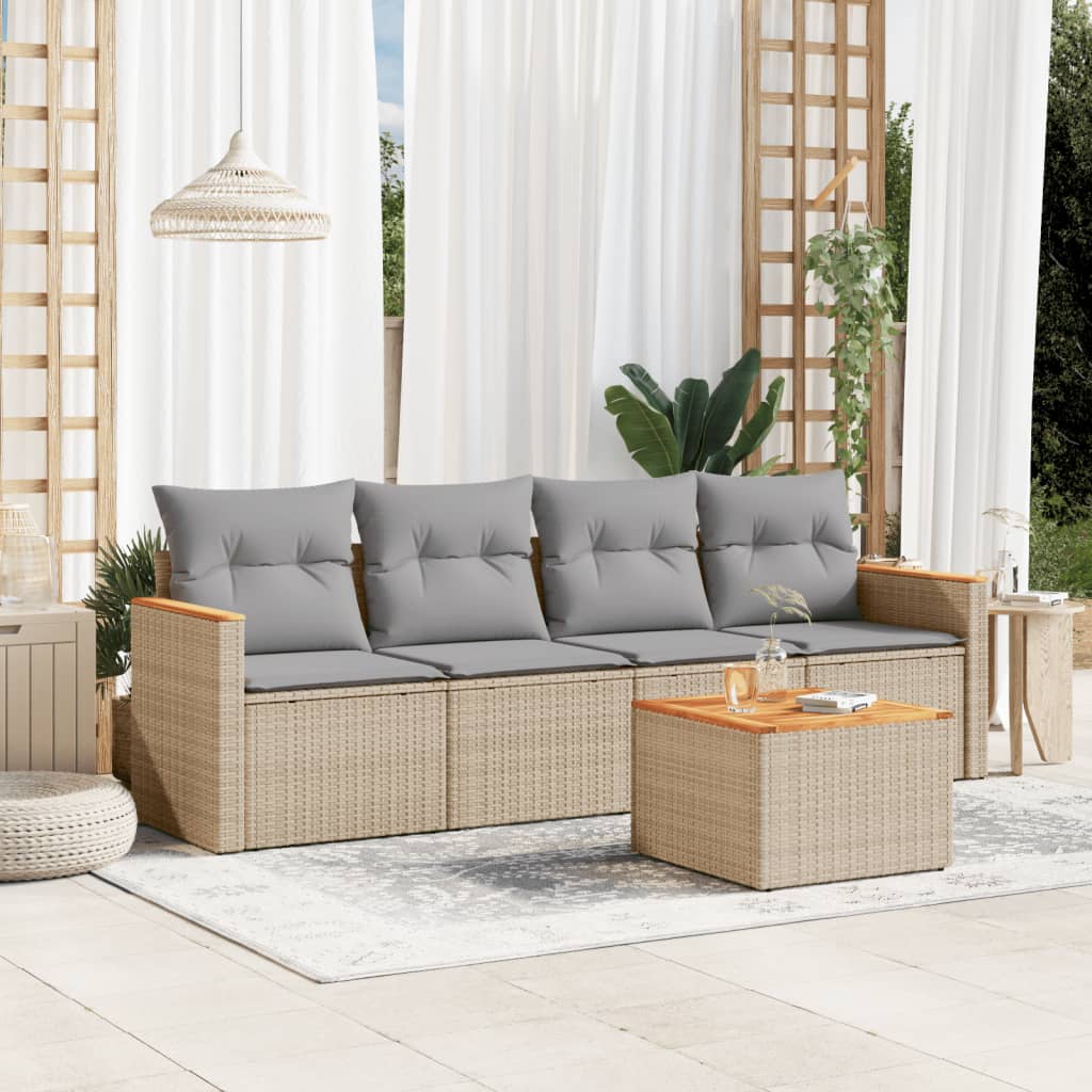 5-tlg. Garten-Sofagarnitur mit Kissen Beige Poly Rattan