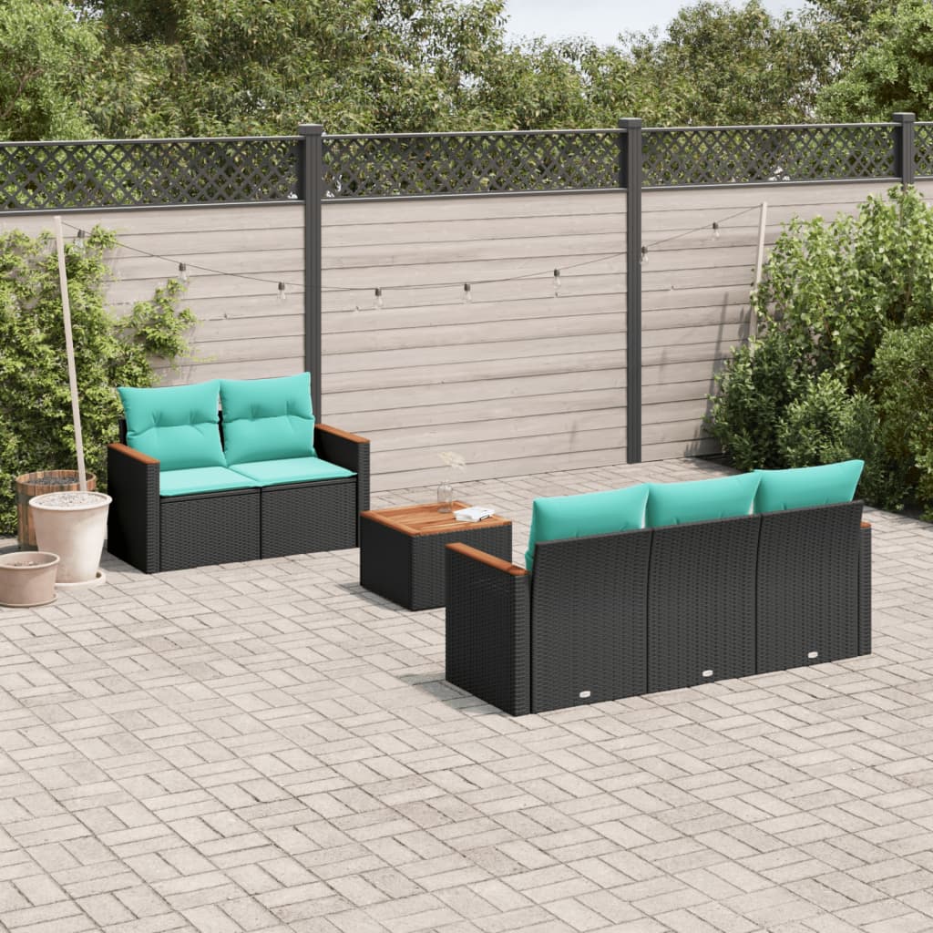 6-teiliges Gartensofa-Set mit Kissen, schwarzes Polyrattan