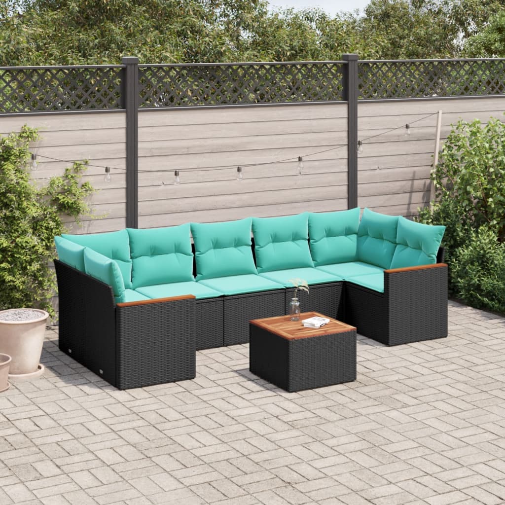 8-teiliges Gartensofa-Set mit Kissen, schwarzes Polyrattan