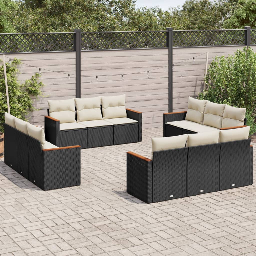 12-tlg. Garten-Sofagarnitur mit Kissen Schwarz Poly Rattan