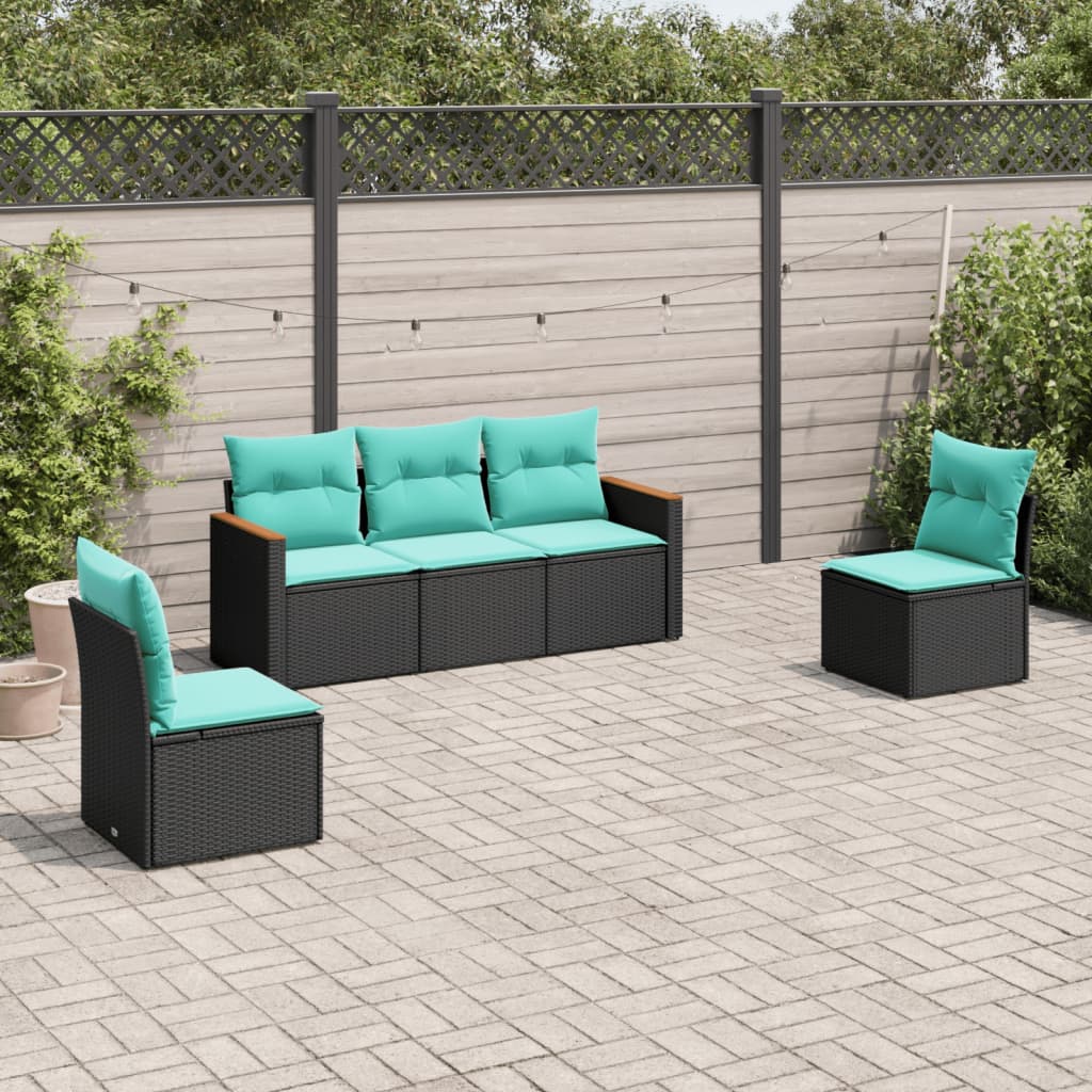 5-teiliges Gartensofa-Set mit Kissen, schwarzes Polyrattan