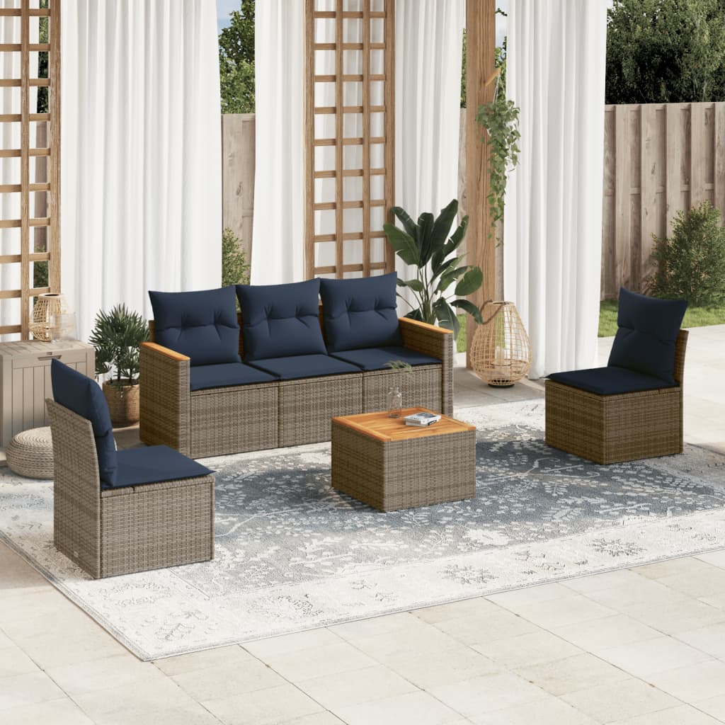 6-teiliges Gartensofa-Set mit Kissen, grau, Polyrattan