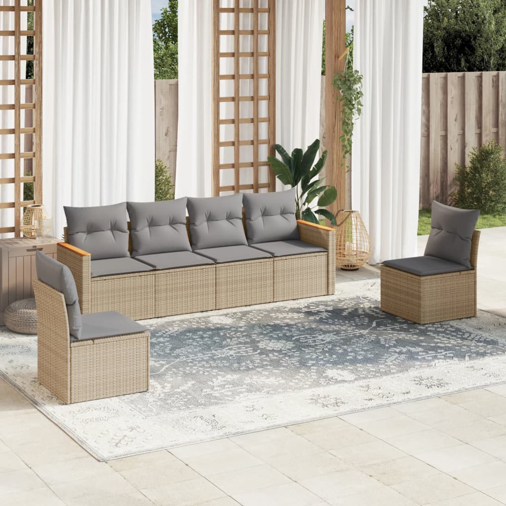 6-tlg. Garten-Sofagarnitur mit Kissen Beige Poly Rattan