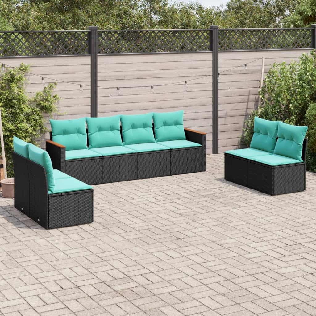 8-teiliges Gartensofa-Set mit Kissen, schwarzes Polyrattan
