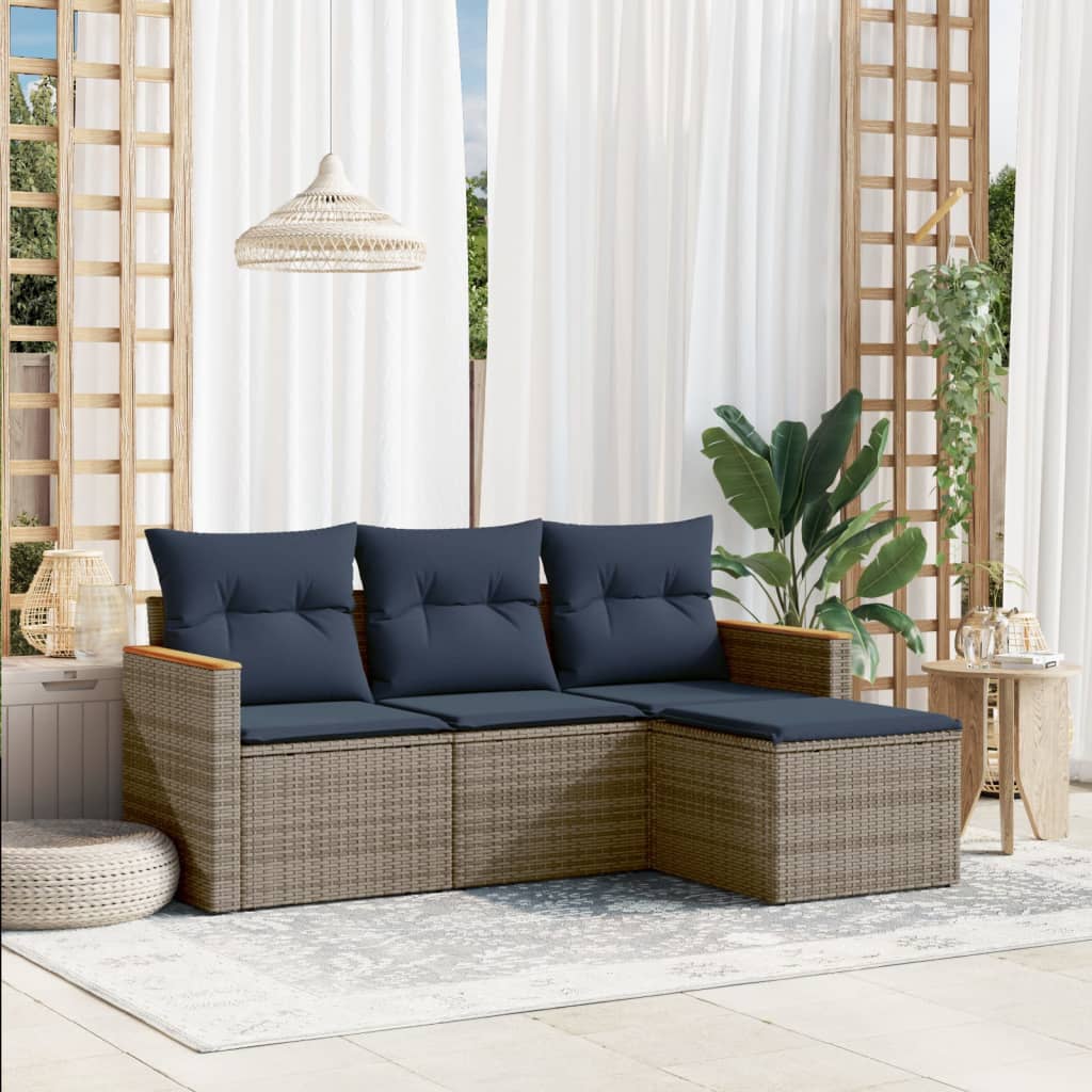 4-teiliges Gartensofa-Set mit Kissen, grau, Polyrattan