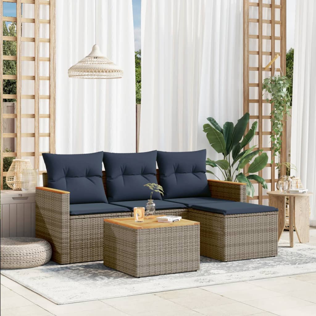 5-teiliges Gartensofa-Set mit Kissen, grau, Polyrattan