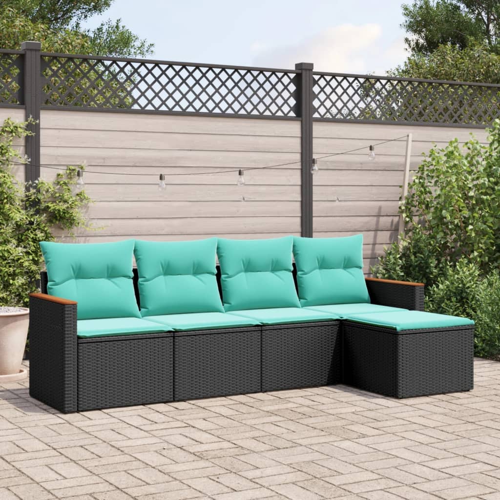 5-teiliges Gartensofa-Set mit Kissen, schwarzes Polyrattan