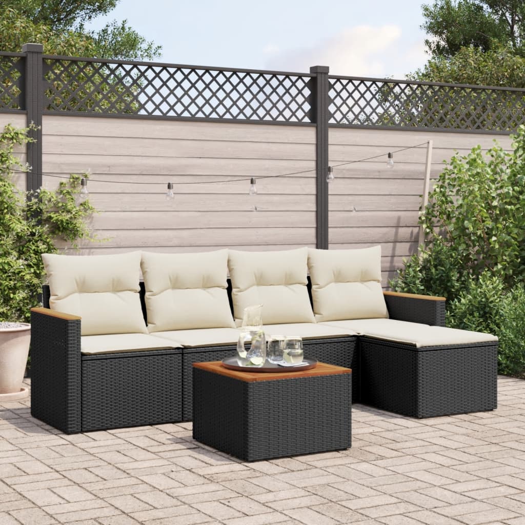 6-tlg. Garten-Sofagarnitur mit Kissen Schwarz Poly Rattan