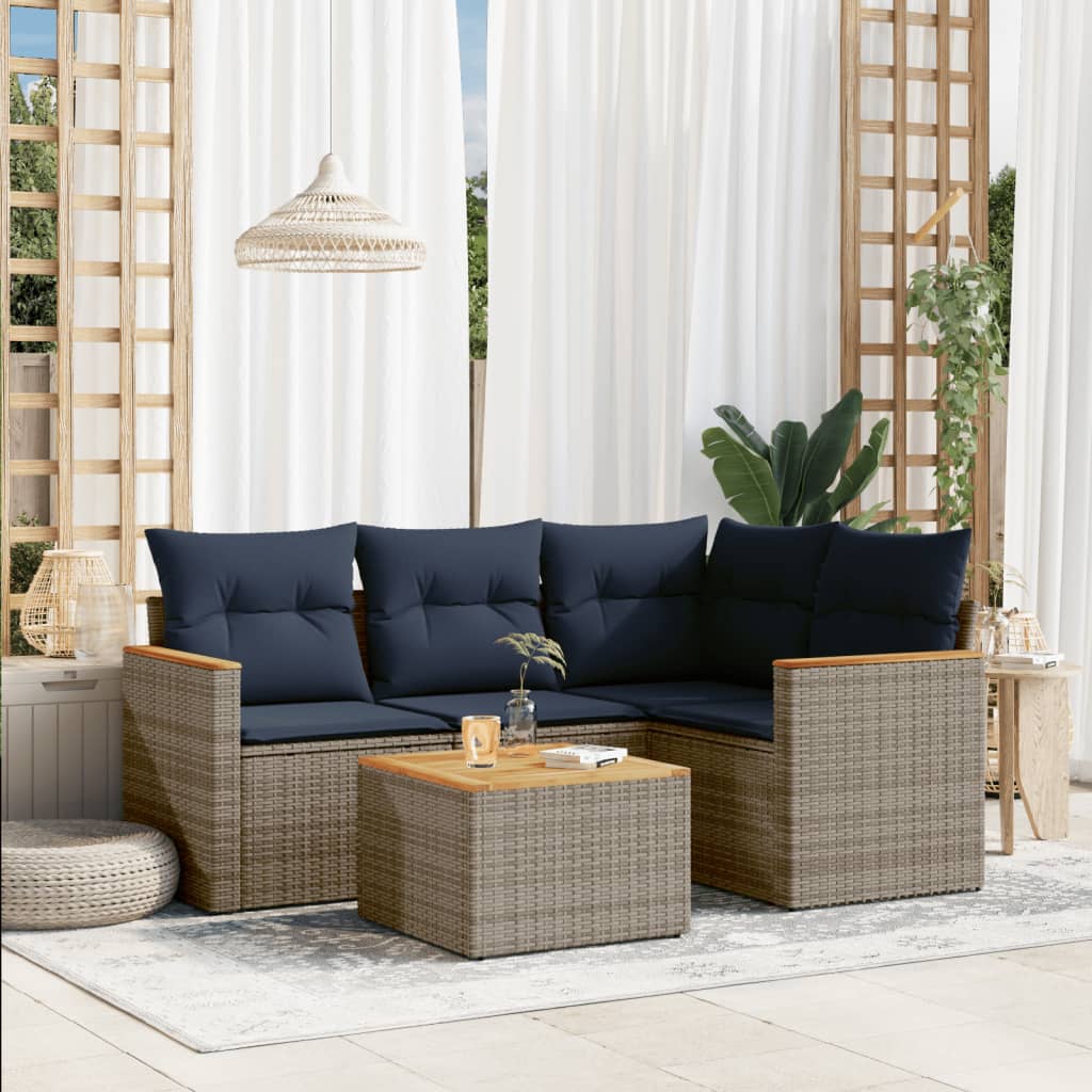 5-teiliges Gartensofa-Set mit Kissen, grau, Polyrattan