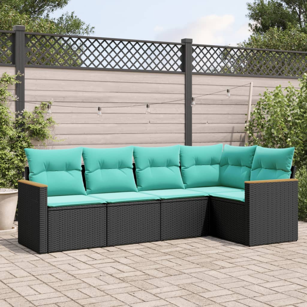 5-teiliges Gartensofa-Set mit Kissen, schwarzes Polyrattan