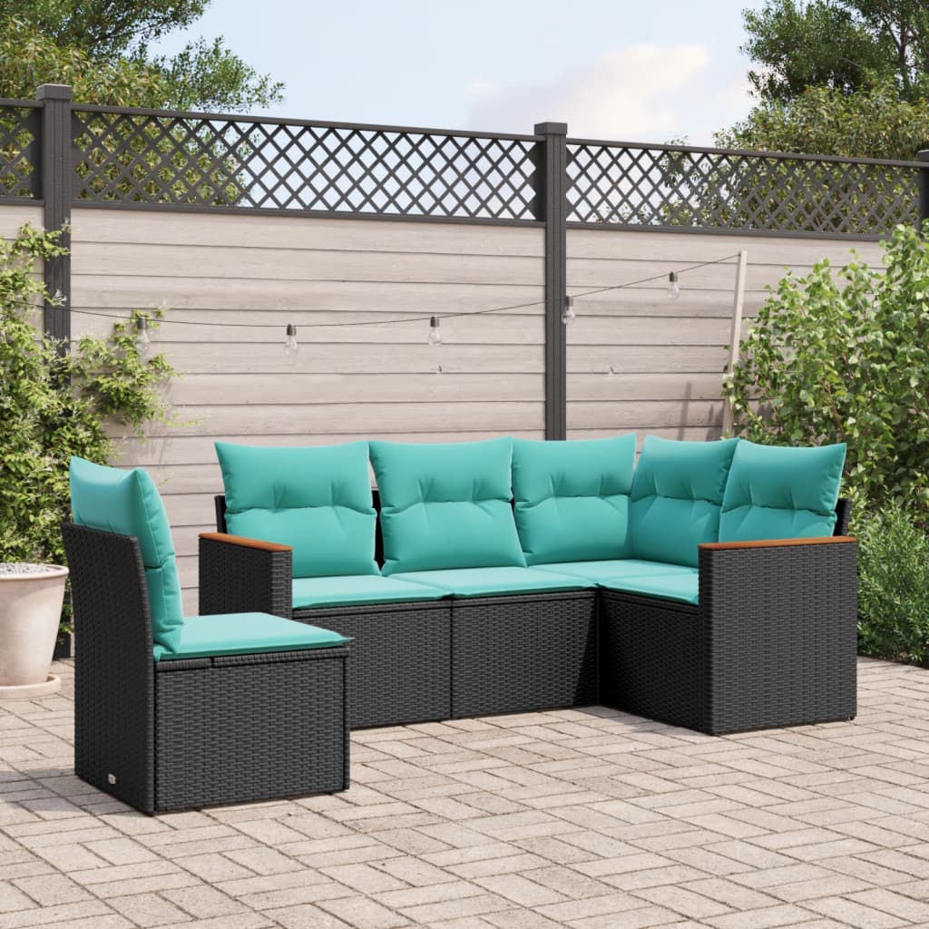 5-teiliges Gartensofa-Set mit Kissen, schwarzes Polyrattan