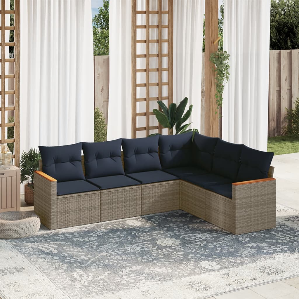 6-teiliges Gartensofa-Set mit Kissen, grau, Polyrattan
