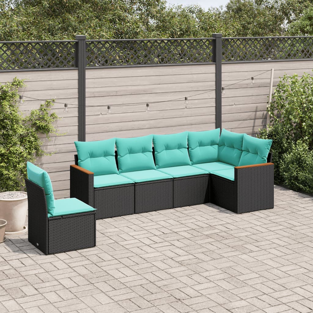 6-teiliges Gartensofa-Set mit Kissen, schwarzes Polyrattan