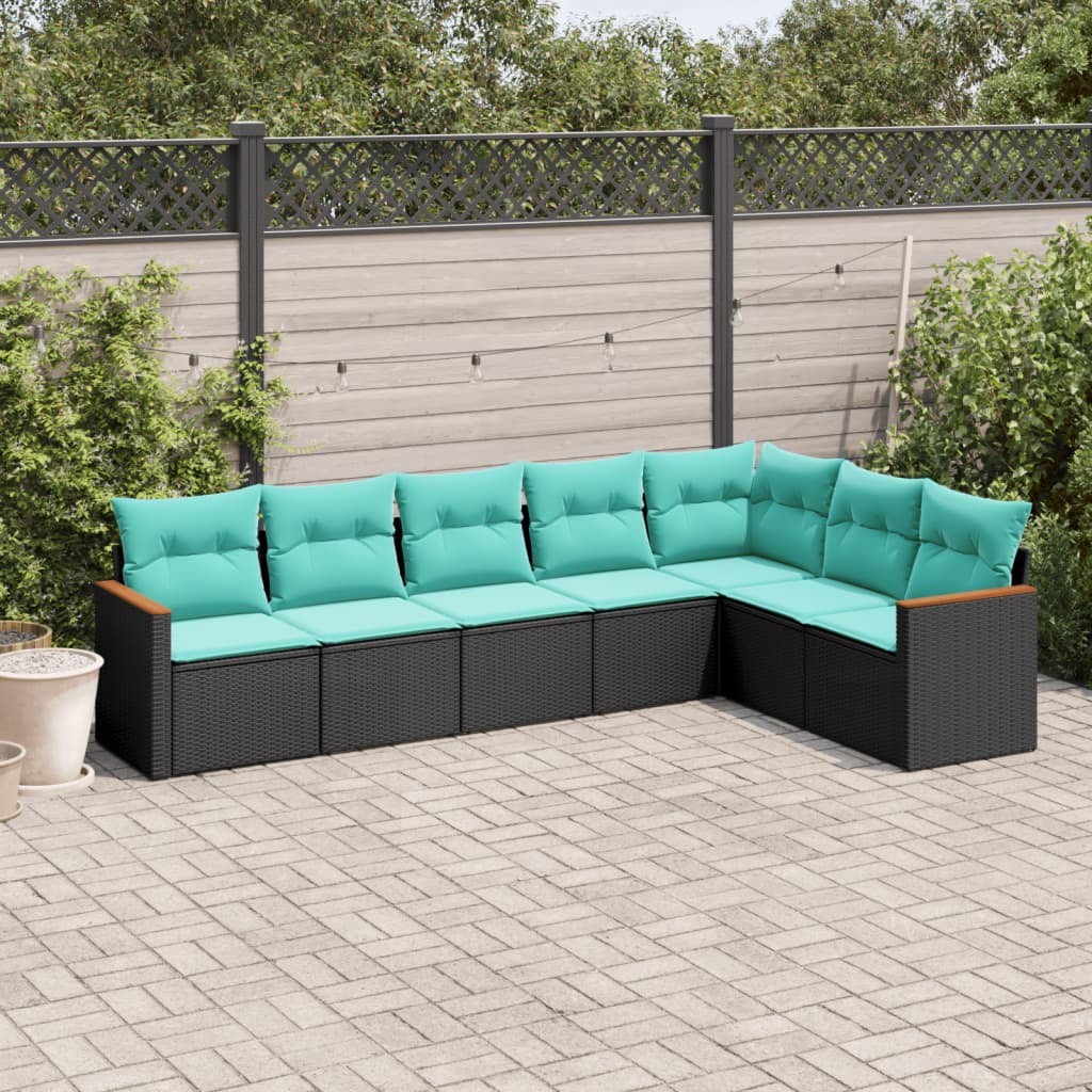 7-teiliges Gartensofa-Set mit Kissen, schwarzes Polyrattan