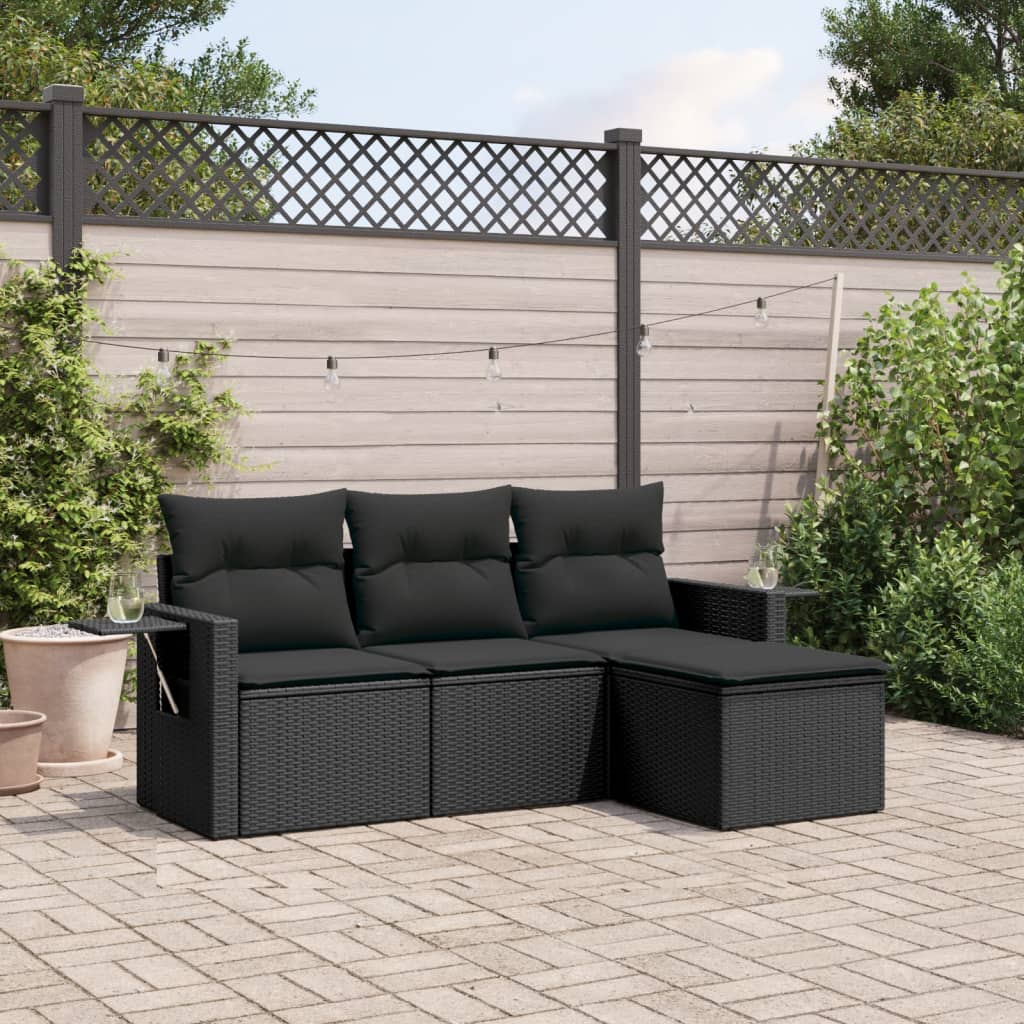 4-tlg. Garten-Sofagarnitur mit Kissen Schwarz Poly Rattan