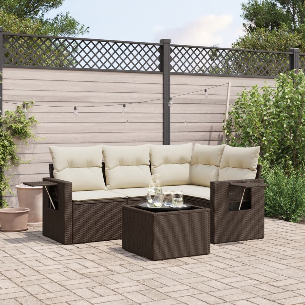 5-tlg. Garten-Sofagarnitur mit Kissen Braun Poly Rattan