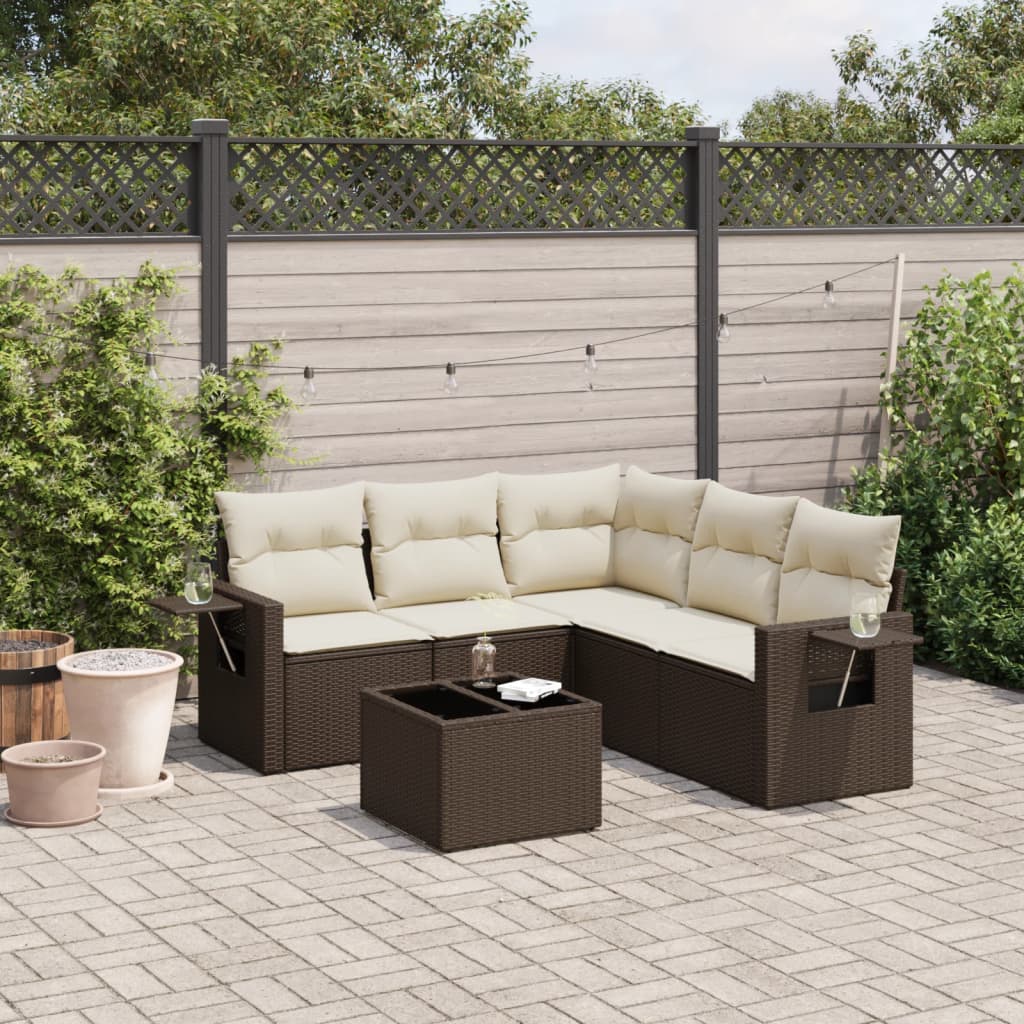 6-tlg. Garten-Sofagarnitur mit Kissen Braun Poly Rattan