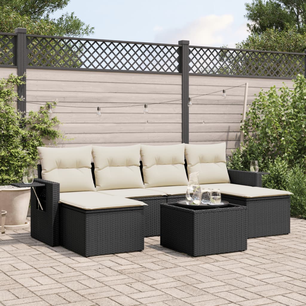 7-tlg. Garten-Sofagarnitur mit Kissen Schwarz Poly Rattan