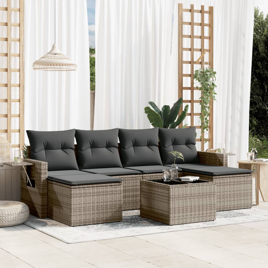 7-tlg. Garten-Sofagarnitur mit Kissen Grau Poly Rattan