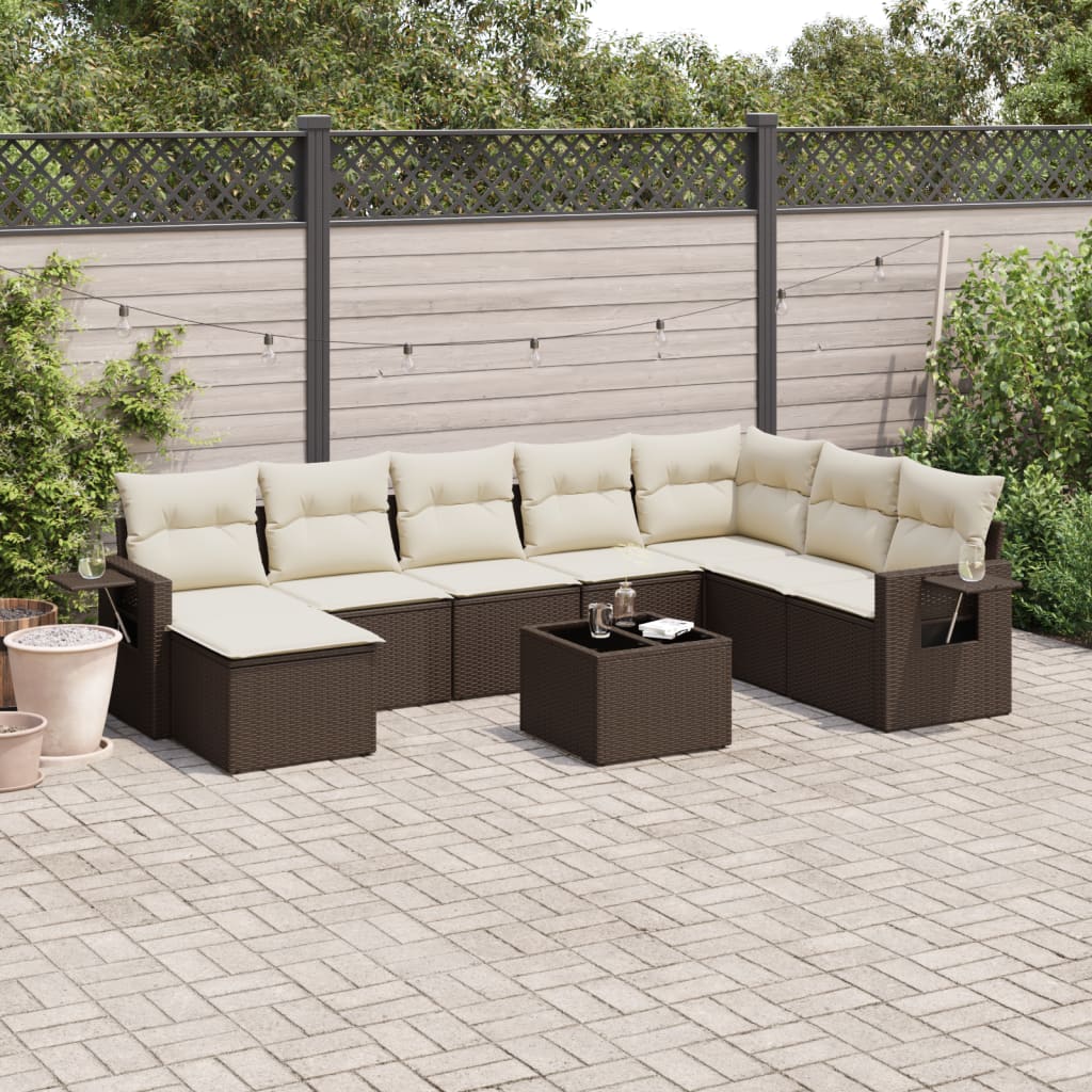 9-tlg. Garten-Sofagarnitur mit Kissen Braun Poly Rattan