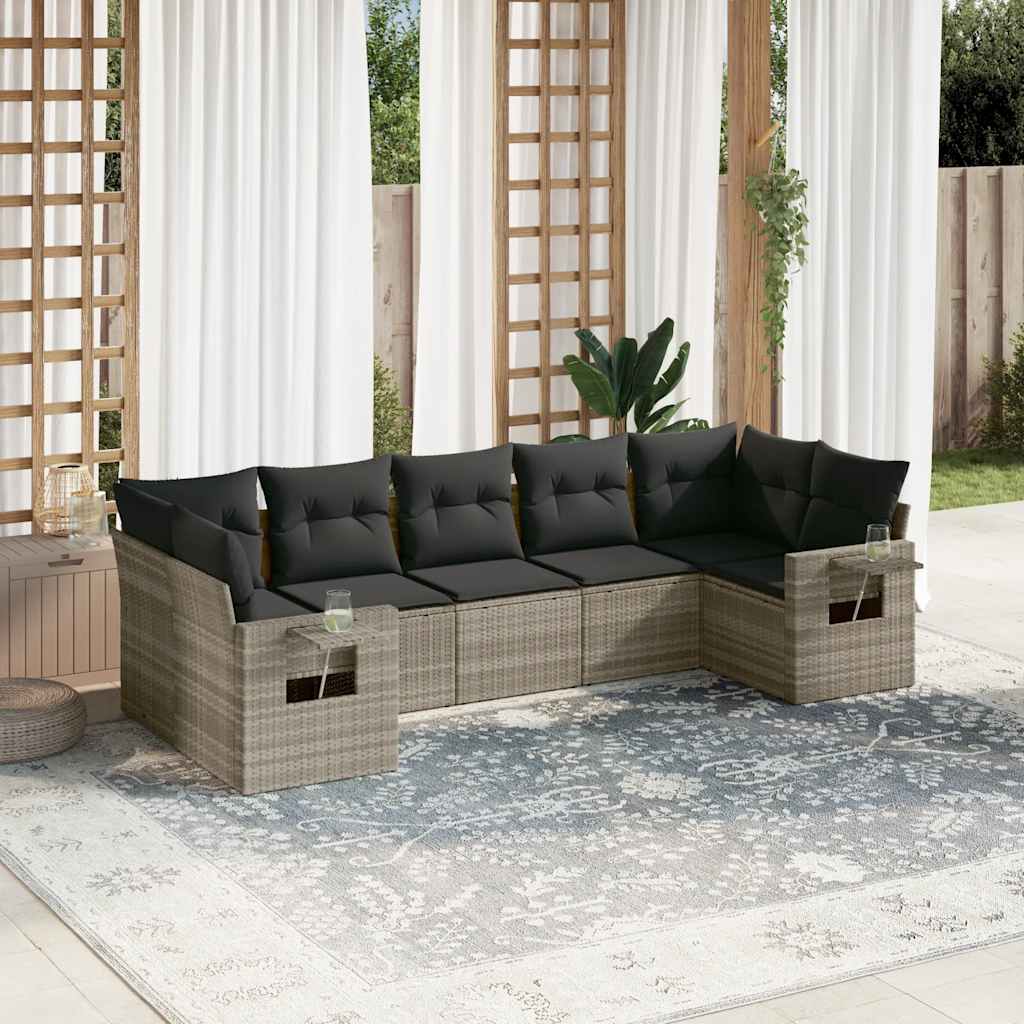 7-tlg. Garten-Sofagarnitur mit Kissen Hellgrau Poly Rattan