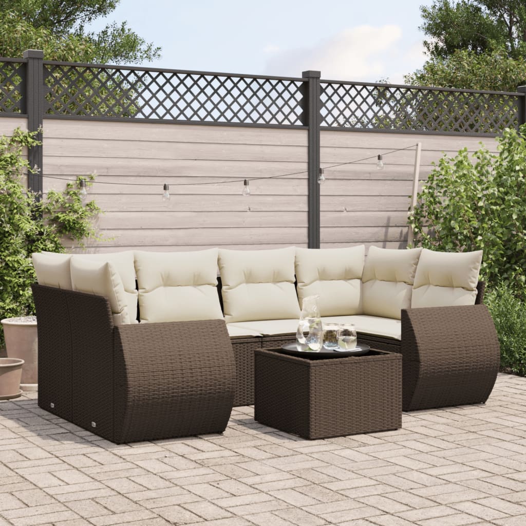 7-tlg. Garten-Sofagarnitur mit Kissen Braun Poly Rattan