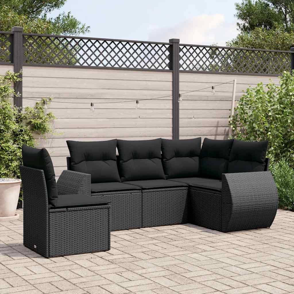 5-tlg. Garten-Sofagarnitur mit Kissen Schwarz Poly Rattan
