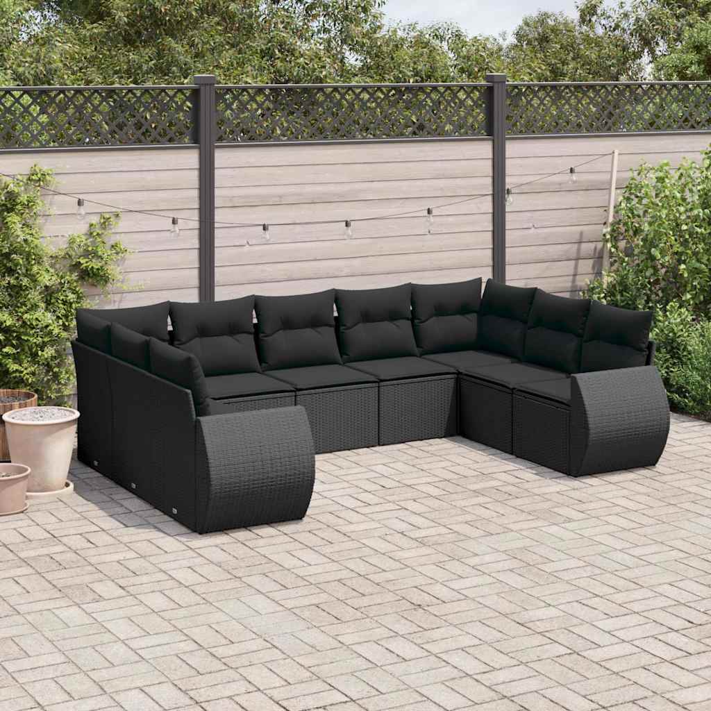9-tlg. Garten-Sofagarnitur mit Kissen Schwarz Poly Rattan