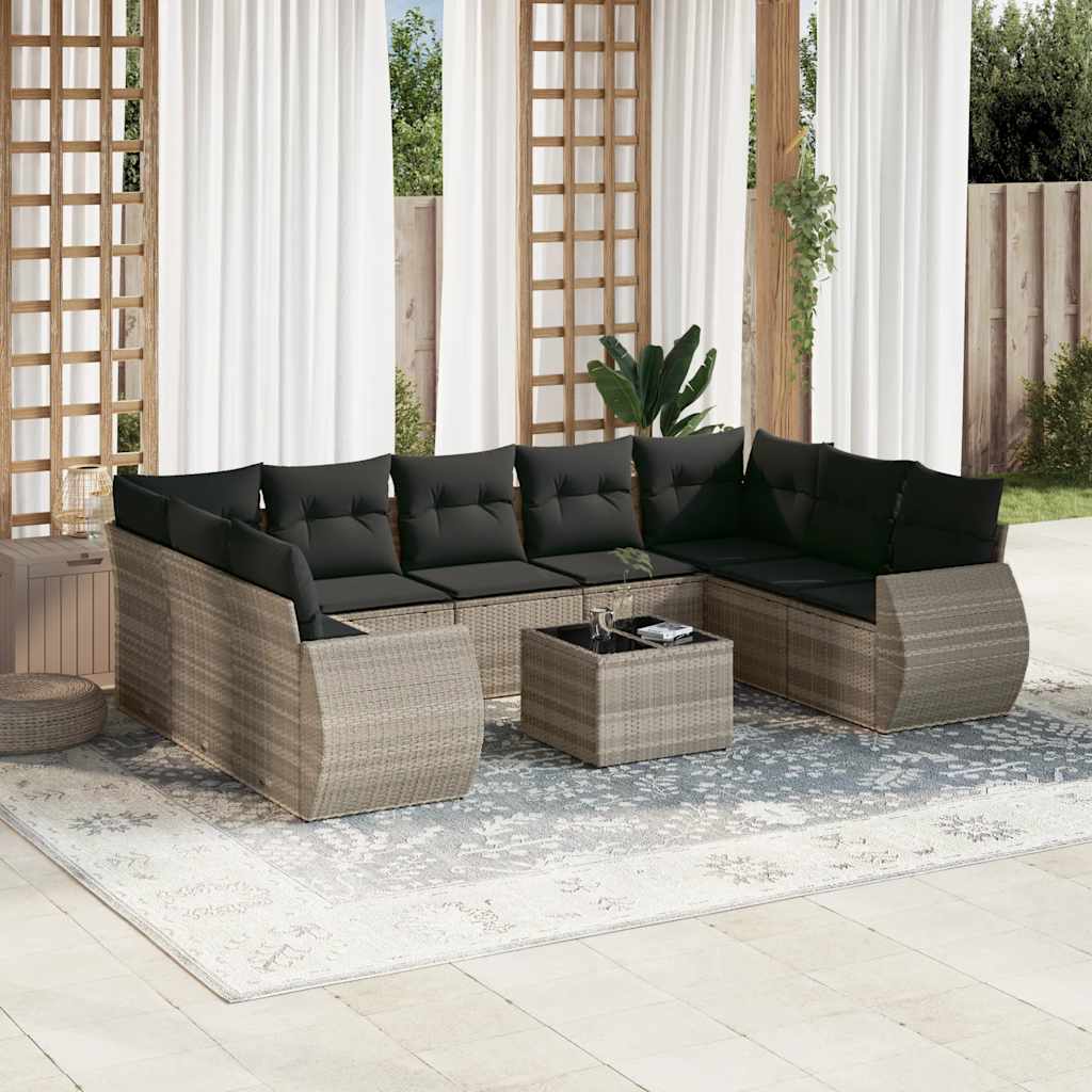 10-tlg. Garten-Sofagarnitur mit Kissen Hellgrau Poly Rattan