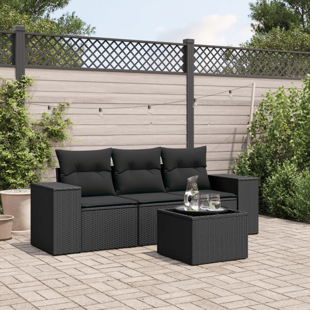 4-tlg. Garten-Sofagarnitur mit Kissen Schwarz Poly Rattan