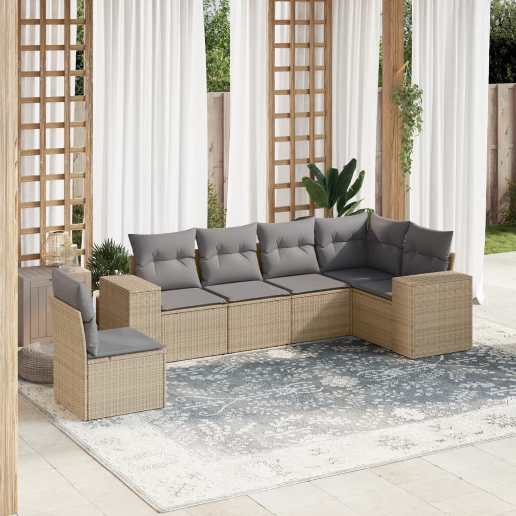 6-tlg. Garten-Sofagarnitur mit Kissen Beige Poly Rattan