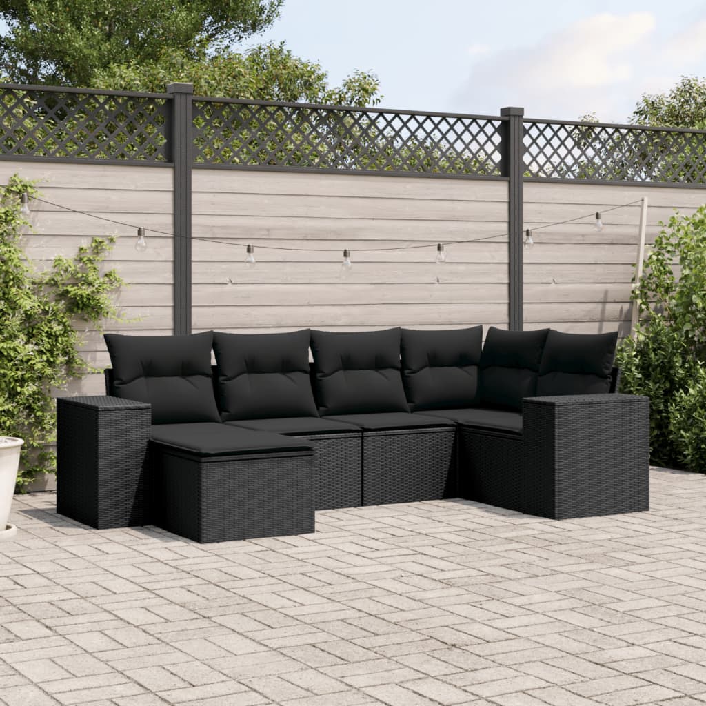 6-tlg. Garten-Sofagarnitur mit Kissen Schwarz Poly Rattan