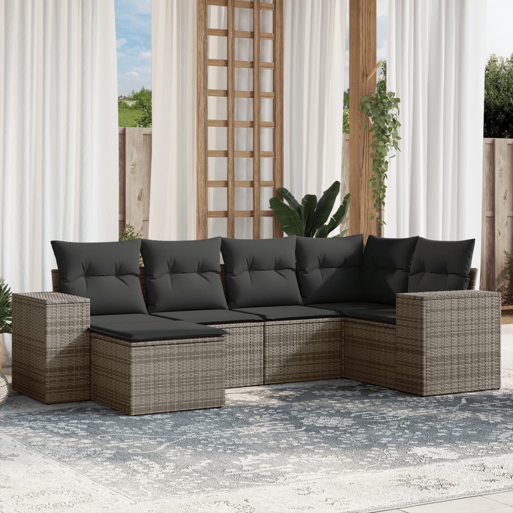 6-tlg. Garten-Sofagarnitur mit Kissen Grau Poly Rattan