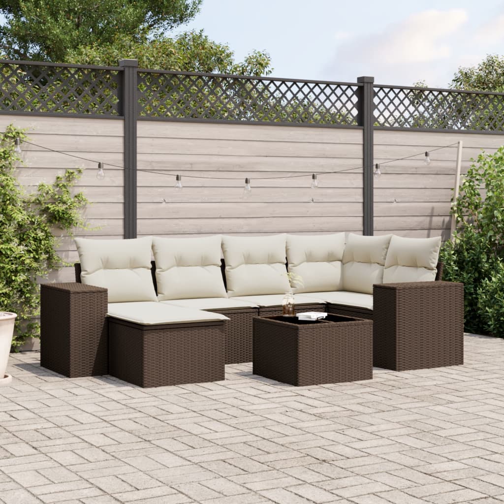 7-tlg. Garten-Sofagarnitur mit Kissen Braun Poly Rattan
