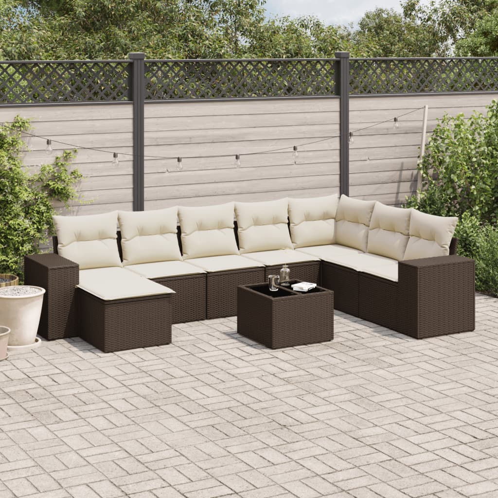 9-tlg. Garten-Sofagarnitur mit Kissen Braun Poly Rattan