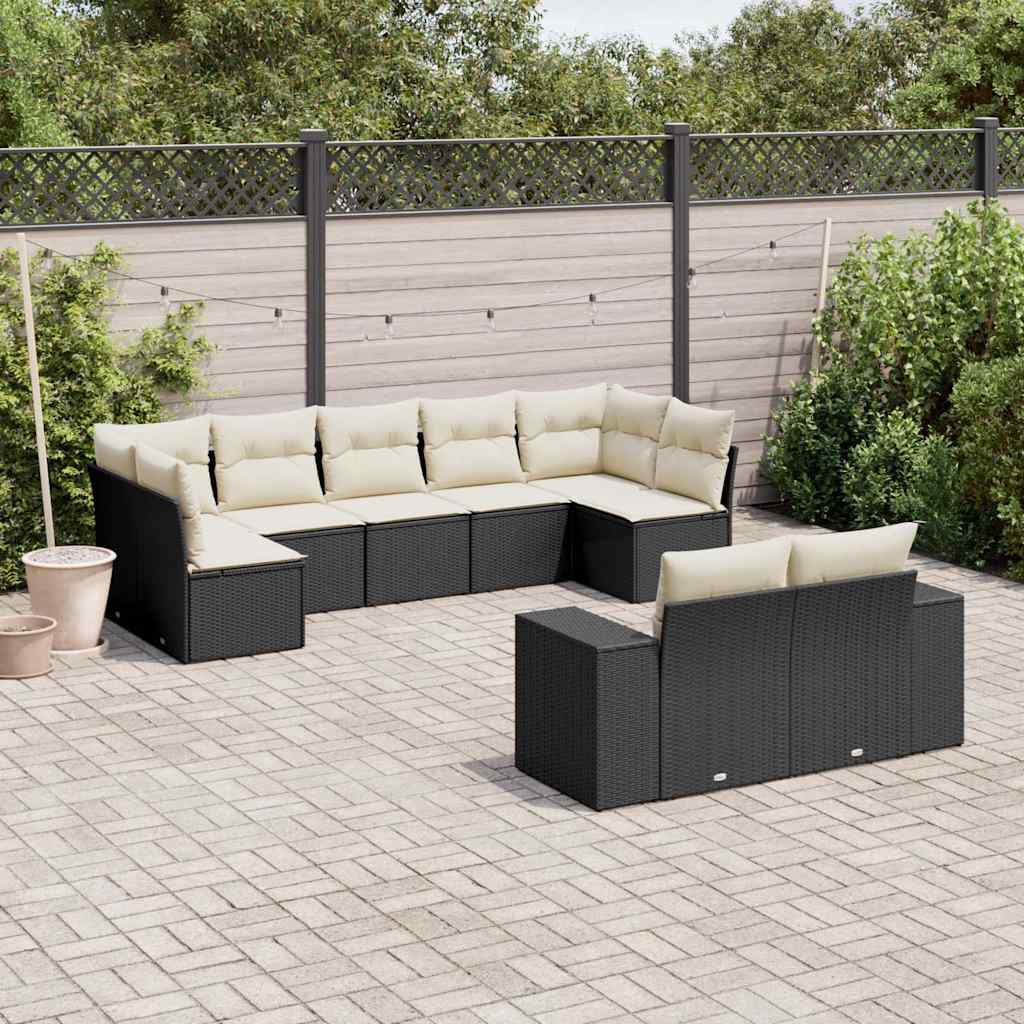 9-tlg. Garten-Sofagarnitur mit Kissen Schwarz Poly Rattan