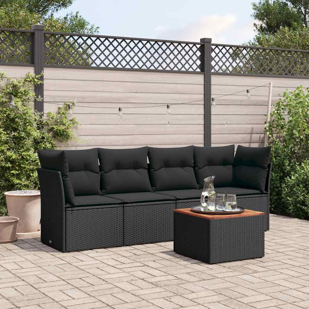5-tlg. Garten-Sofagarnitur mit Kissen Schwarz Poly Rattan