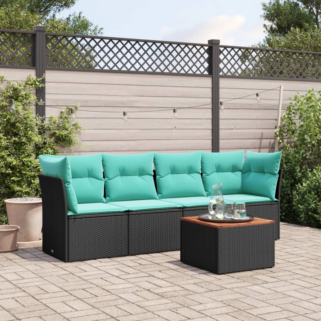 5-tlg. Garten-Sofagarnitur mit Kissen Schwarz Poly Rattan