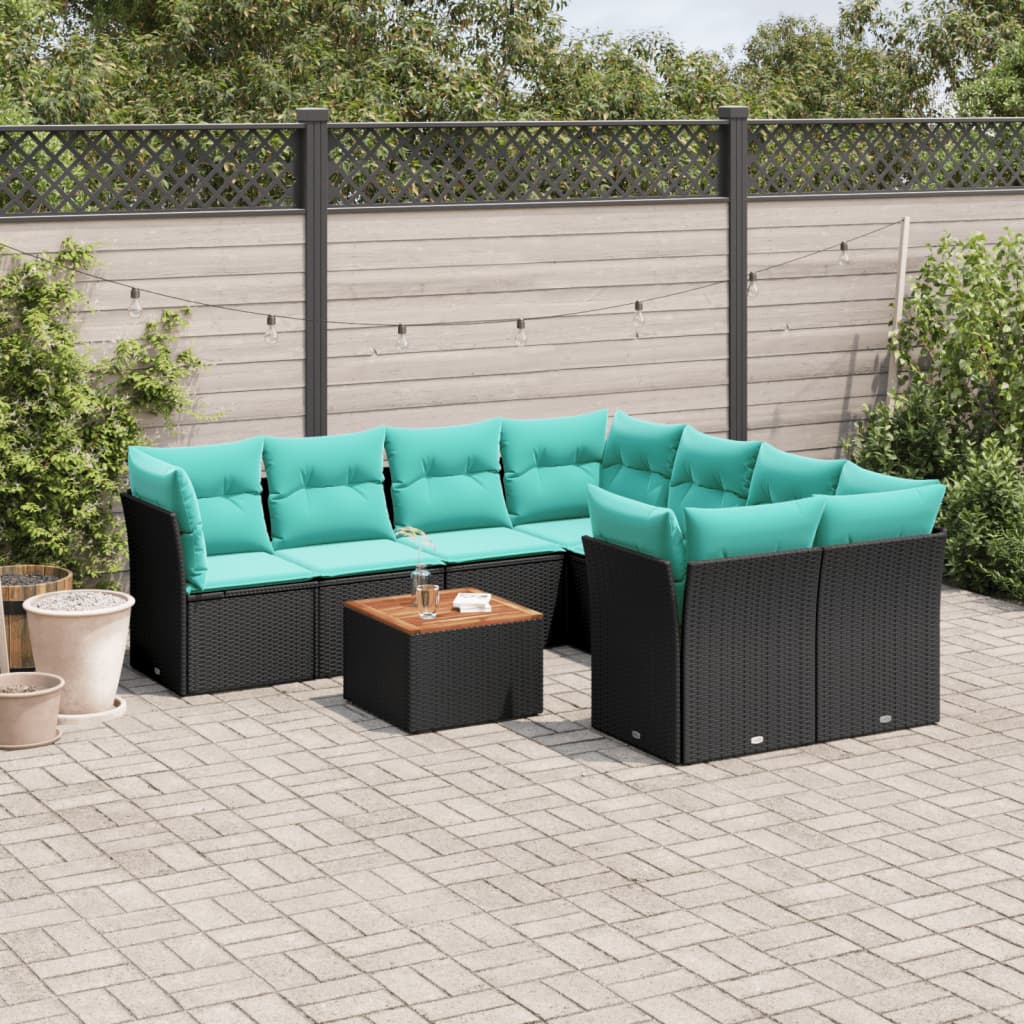 9-tlg. Garten-Sofagarnitur mit Kissen Schwarz Poly Rattan