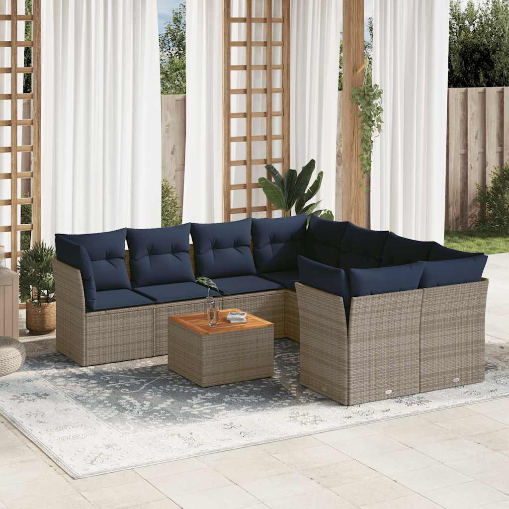 9-tlg. Garten-Sofagarnitur mit Kissen Grau Poly Rattan