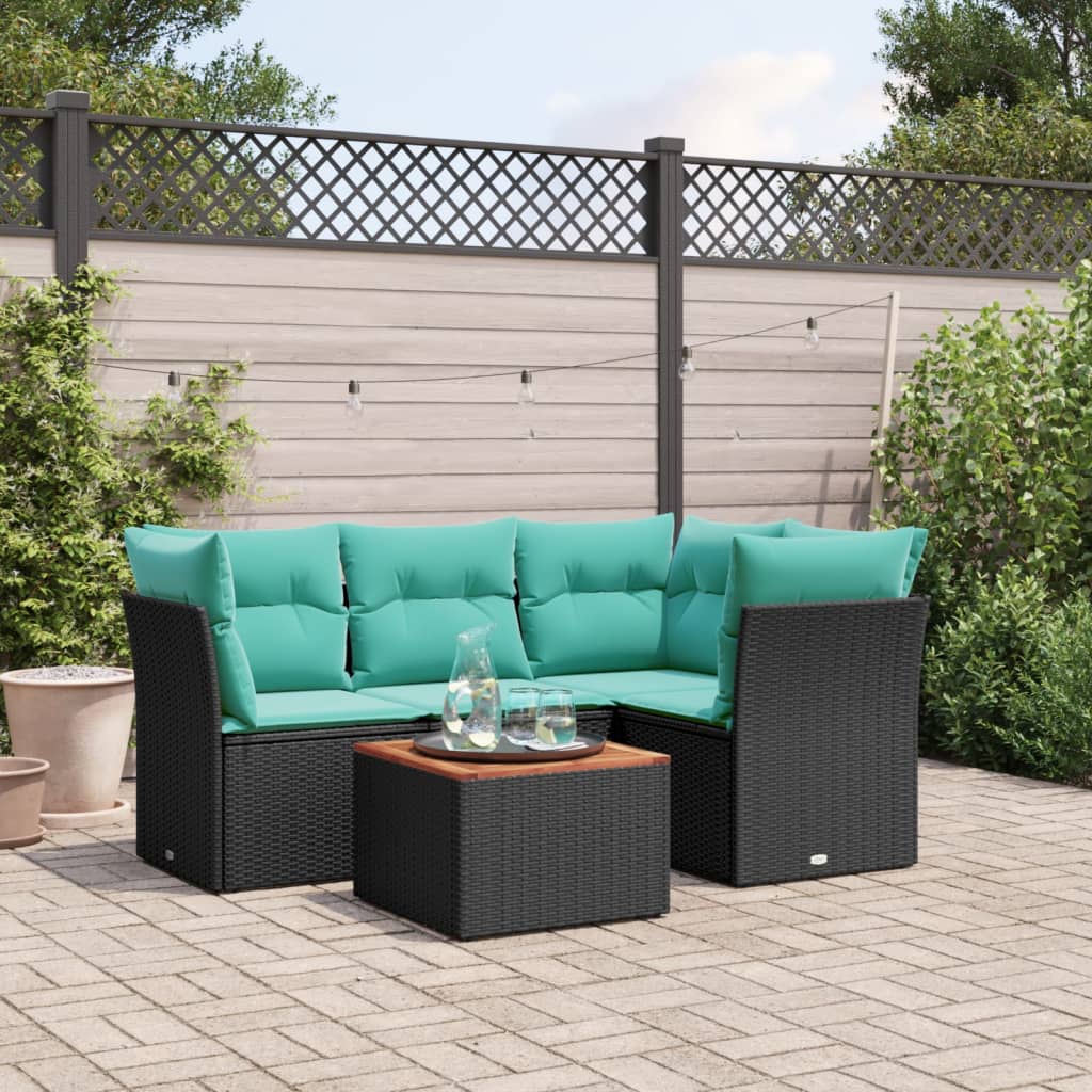 5-tlg. Garten-Sofagarnitur mit Kissen Schwarz Poly Rattan