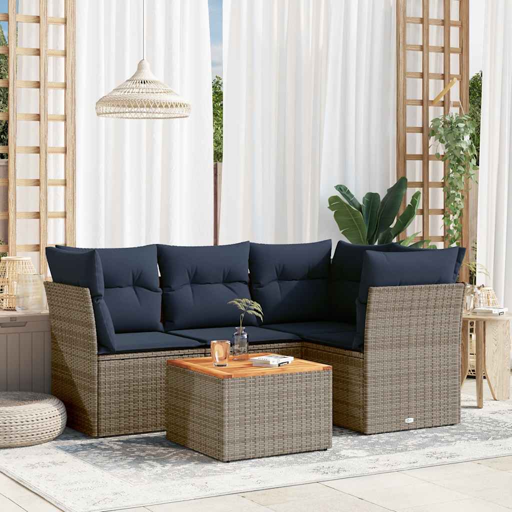5-tlg. Garten-Sofagarnitur mit Kissen Grau Poly Rattan