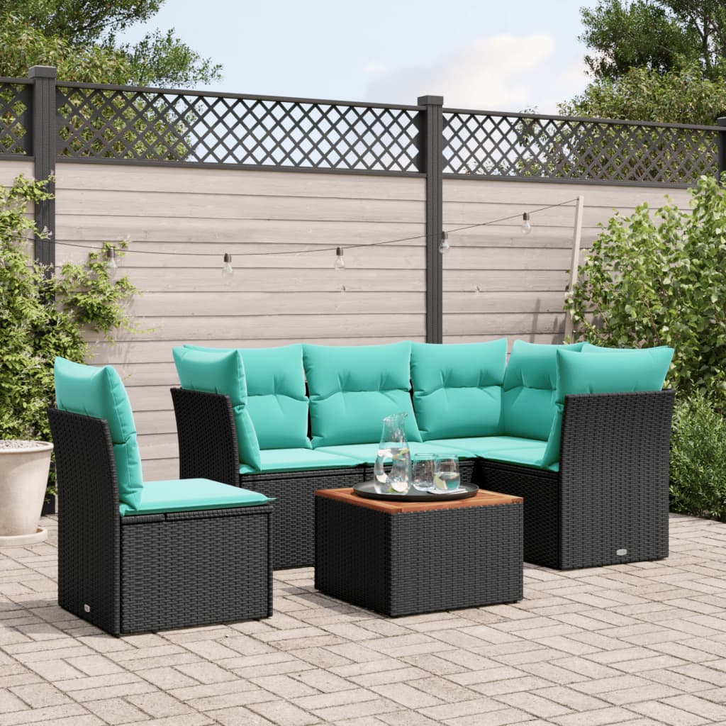 6-tlg. Garten-Sofagarnitur mit Kissen Schwarz Poly Rattan