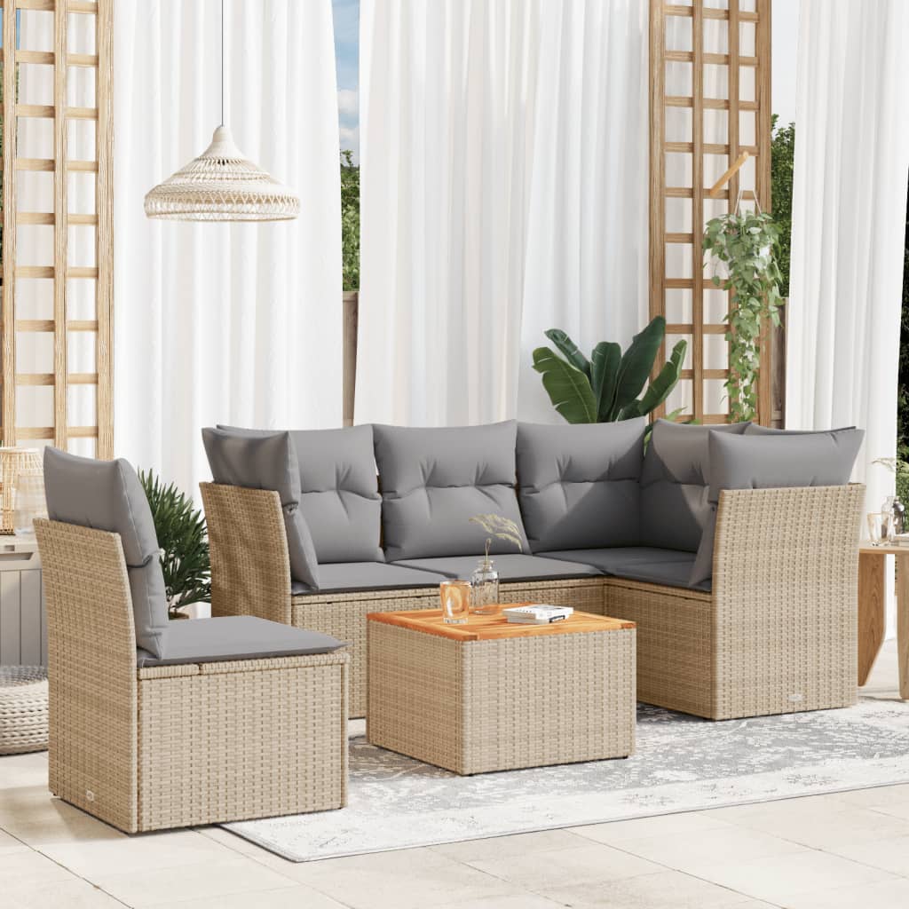 6-tlg. Garten-Sofagarnitur mit Kissen Beige Poly Rattan
