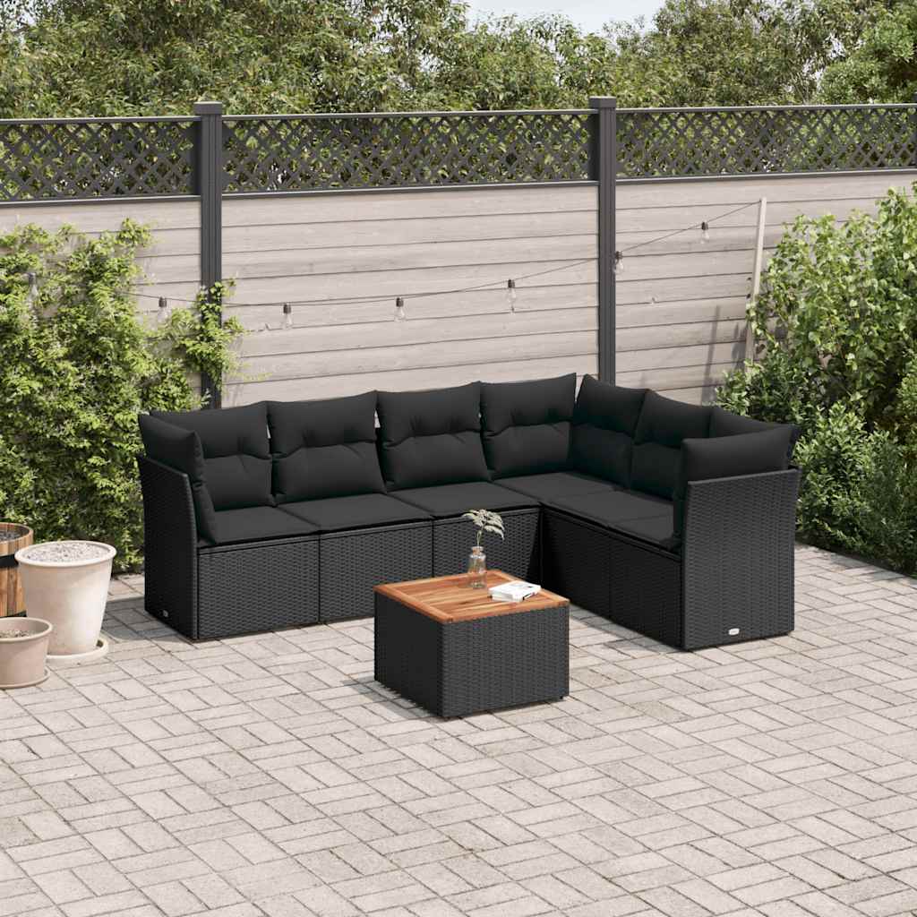 7-tlg. Garten-Sofagarnitur mit Kissen Schwarz Poly Rattan