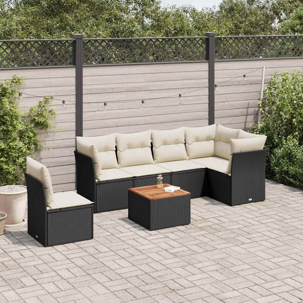 7-tlg. Garten-Sofagarnitur mit Kissen Schwarz Poly Rattan